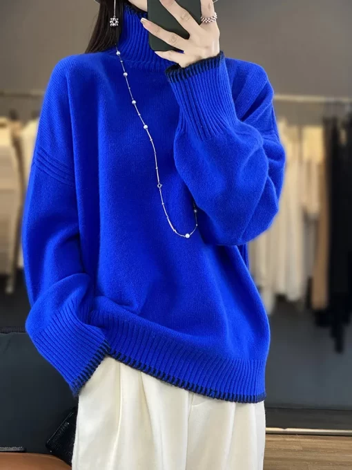 tYci100 Pure Wool Cashmere Sweater Women s 2023 Autumn Winter New Turtleneck Pullover Fashion Loose Large