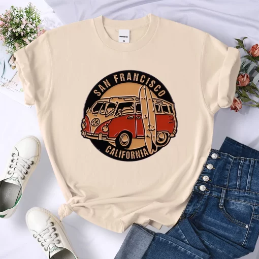 uBZ9San Francisco California Vintage School Bus Print T shirt Women Street Breathable Tops Loose Short Sleeve