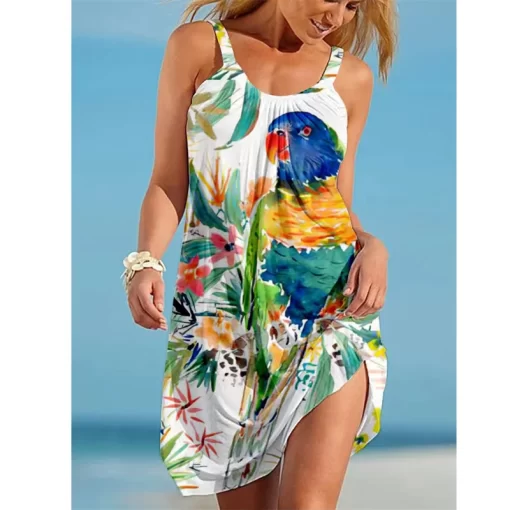 uF482023 New Women s Crew Neck Dress Parrot Print Female Hawaii Style Casual Sleeveless Mini Dress