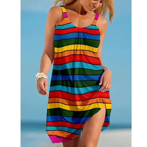 uYvBRainbow print gorgeous dress Bohemian beach dress Women s party dress Slim fit knee length dress