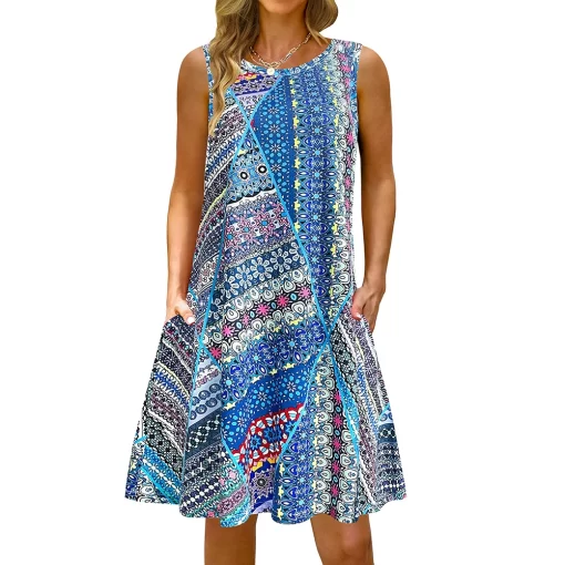 ugh3S 5Xl Colorful Printed O Neck Long Dress Casual Bohemian Sleeveless Ladies Summer Beach Sundress Travel