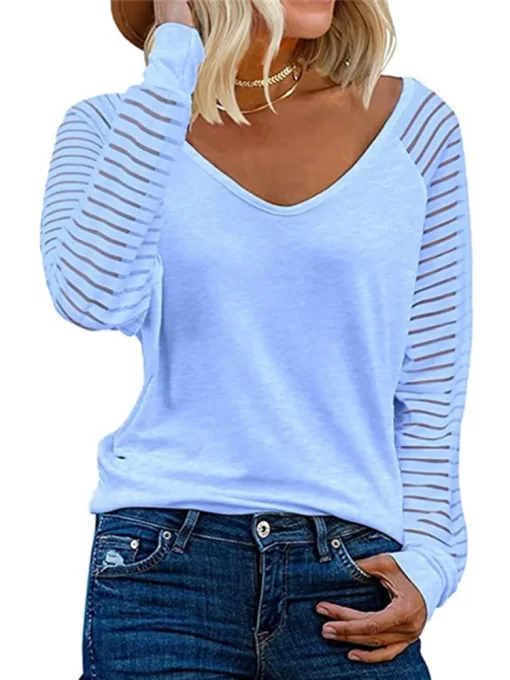 uhPMWomen Long Sleeve Striped T Shirts Female Fashion Casual Loose Soild Color Tops Spring Autumn V