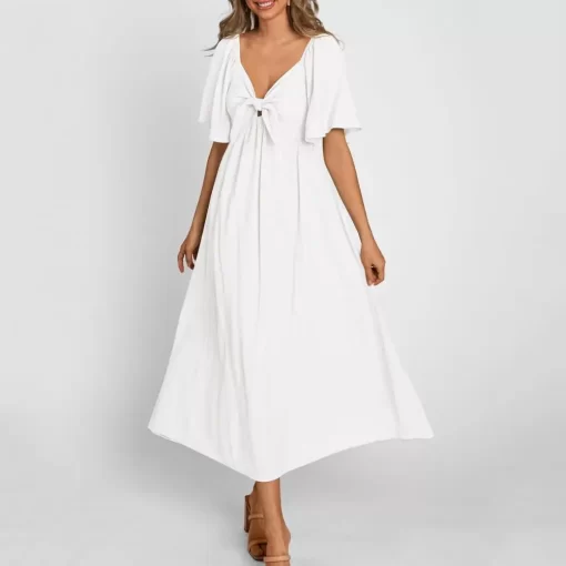 uy9xWomen Midi Dress Elegant V Neck Summer Dress with Bow Detail A line Silhouette Breathable Fabric