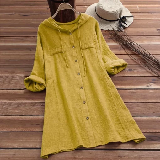 uz5hWomen Blouses Vintage Cotton Linen Button Shirts Summer Long Sleeve Casual Hooded Tops And Blouses Plus
