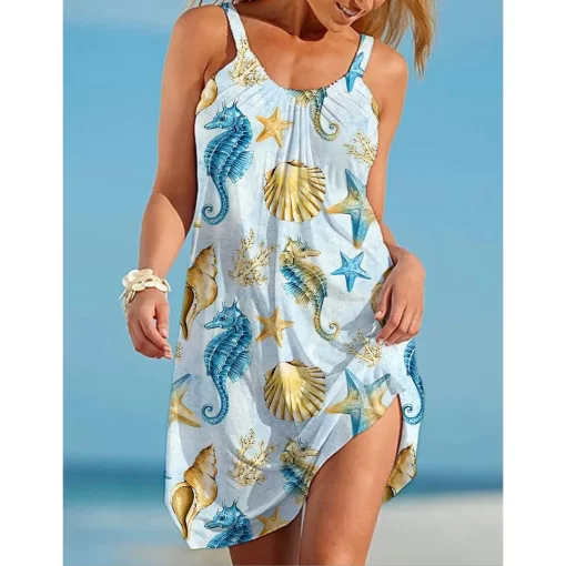 vbSASeashell Print Strap Dress Sexy Sleeveless Beach Bohemian Midi Dress Women Fashion Evening Party Dresses Elegant