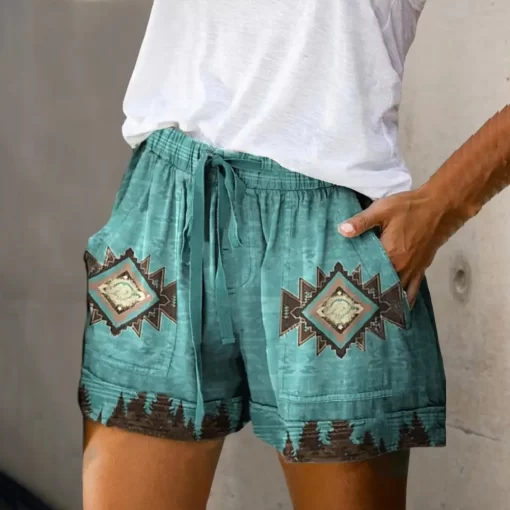 vgsTBeach Shorts Summer High Waist Elastic Waistband Short Pants Pockets Women Shorts Retro Print Drawstring Loose