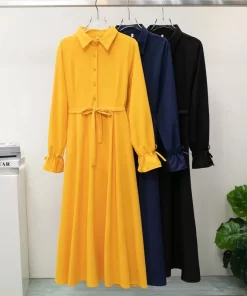 vpC7Spring Autumn Long Dresses Fashion Female Vintage Full Sleeve Solid Casual Chiffon Dress Women Maxi Dresses