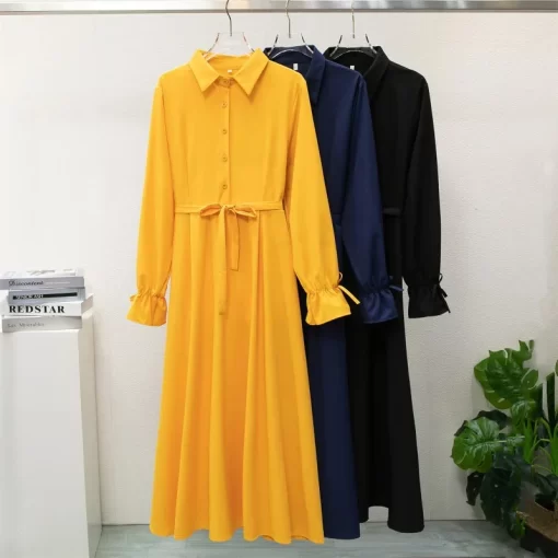 vpC7Spring Autumn Long Dresses Fashion Female Vintage Full Sleeve Solid Casual Chiffon Dress Women Maxi Dresses