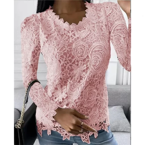 vzaBSummer Fashion Woman Pulovers Blouses Lace Hollow Out Long Sleeves Solid T shirt Korean Style Star