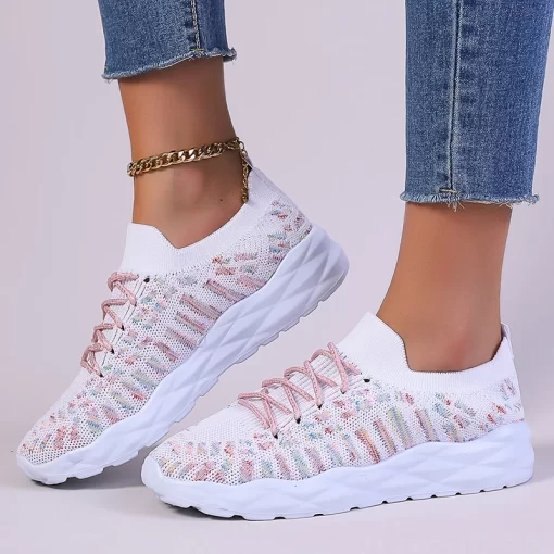 wOihLucyever Colorful Knitted Sneakers for Women Autumn Breathable Thick Bottom Sports Shoes Woman Slip On Walking