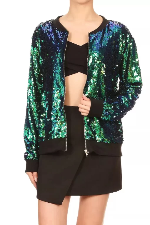 wRj92022 Women Bomber Gradient Color Sequins Baseball Jacket Beaded Embroidered Sequined Zipper Pilot Coat Stage Show
