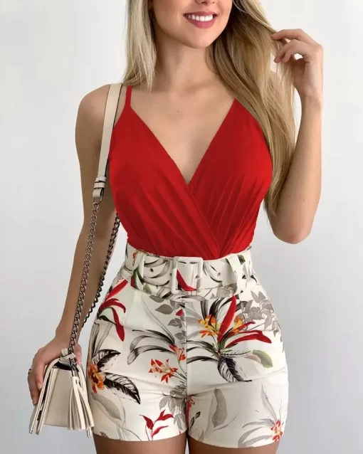 wVF6Fashion Summer Women s Two piece Beach Suit Sexy Slim Short Top Shorts Printing Casual Suspenders
