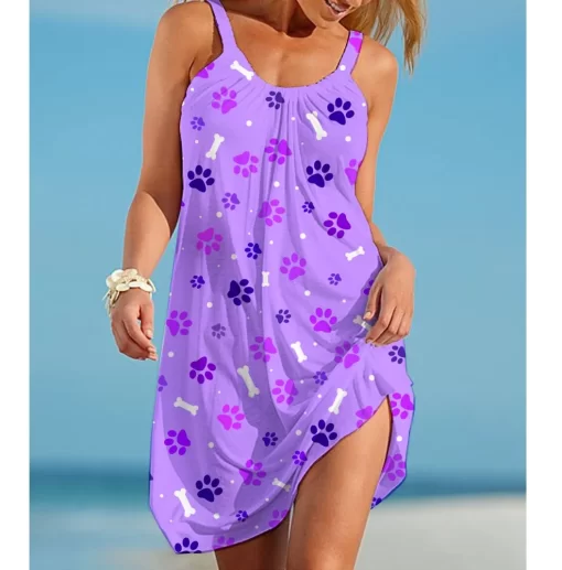 whCGSummer Dog Paw Boho Sexy Beach Dress 3D Print Women Sleeveless Dresses Hawaii Casual Vintage Beachwear