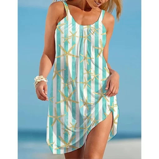 x7EgSeashell Print Strap Dress Sexy Sleeveless Beach Bohemian Midi Dress Women Fashion Evening Party Dresses Elegant