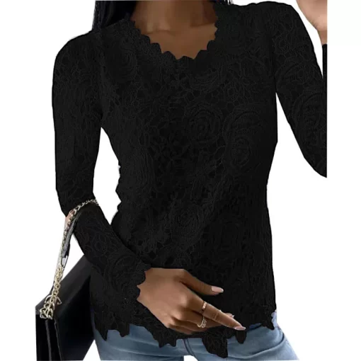 xMQ3Summer Fashion Woman Pulovers Blouses Lace Hollow Out Long Sleeves Solid T shirt Korean Style Star
