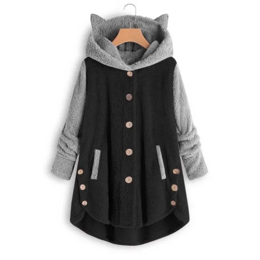 xb9eCat Print Long Hoodies Sweatshirt Women Fleece Warm Button Pocket Pullovers Cat Ear Plus Size Hoodie