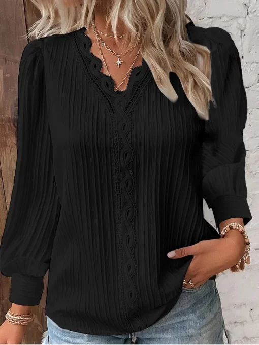 y3N4Women Lace Stitching Shirt Solid V neck Simple Black Chiffon Decoration Hollow Out Design Fashion Elegant