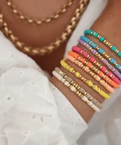 yaEiHERLOOK Boho Jewelry Stacking Heishi Bracelets for Women Summer Polymer Clay Beads Bracelet Gold Color Spaced