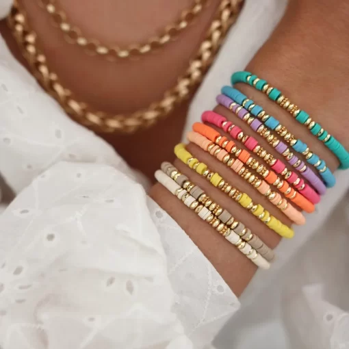yaEiHERLOOK Boho Jewelry Stacking Heishi Bracelets for Women Summer Polymer Clay Beads Bracelet Gold Color Spaced