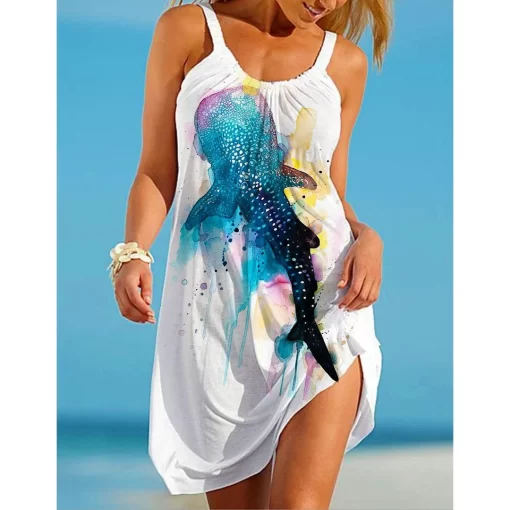 yka5Seashell Print Strap Dress Sexy Sleeveless Beach Bohemian Midi Dress Women Fashion Evening Party Dresses Elegant