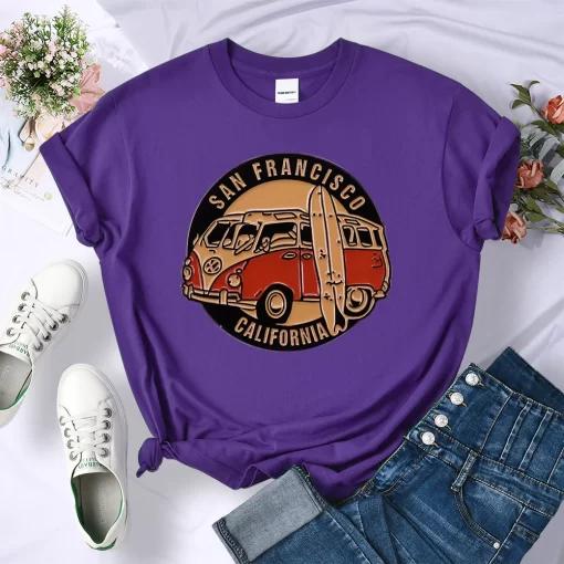 yy0oSan Francisco California Vintage School Bus Print T shirt Women Street Breathable Tops Loose Short Sleeve
