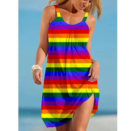 zO5pRainbow print gorgeous dress Bohemian beach dress Women s party dress Slim fit knee length dress