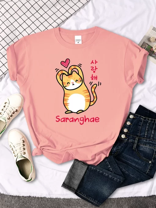 zPovThan A Heart Little Orange Cat Cute Print T Shirt Women Kawaii Cartoon Graphic Clothes Female