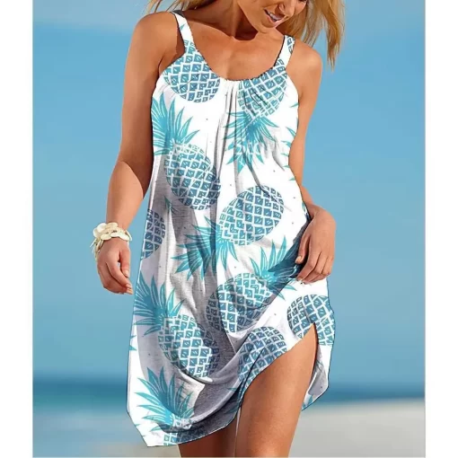 zdN6Women O Neck Sleeveless Dress Boho Solid Beach Sundress Tropical Fruit Print Fashion Sexy Beach Casual