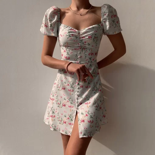 0uOSElegant Women Dress Fashionable Bubble Sleeve Button Bodycon Floral Shorts Dress 2024 Summer Sexy Party Beach