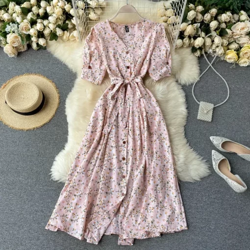 1gQHFrench Sweet Floral Dress Women V Neck Puff Sleeve Single Breasted Belt Dress Summer Bohemian Print