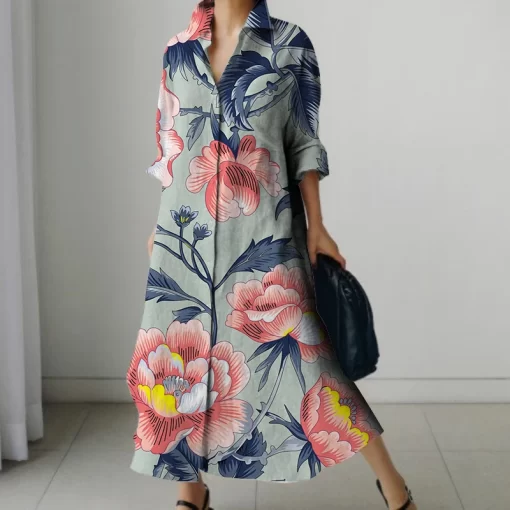 1n7EHoliday Summer Extra Long Dress Women s Fashion Long Sleeve Nightgown Vintage Printed V Neck Sundress