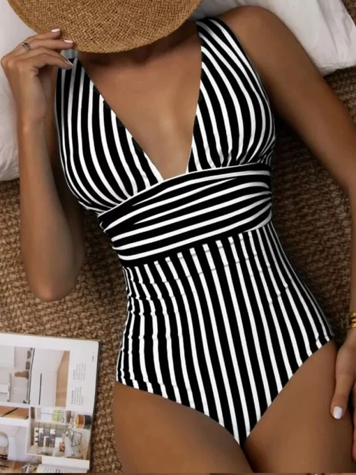 2023 Striped V neck One Piece Swimsuit Vintage Padded Swimwear Women Bathing Swimming Suit Female Backless.jpg (3)