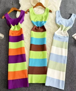 2024 Stripe Rainbow Summer Elastic Bodycon Dress Sexy Beach Sundress Women Casual Slim Pencil Vestidos Maxi.jpg