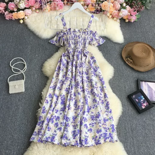 3WAbYuooMuoo Korean Fashion Sweet Off Shoulder Women Party Dress 2024 New Summer Floral Print Vacation Long