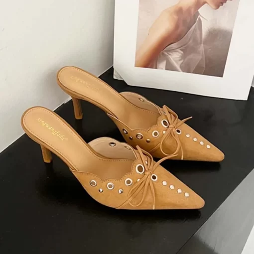 3ZoK2024 Bowtie Mules Ladies High Heels Shoes Summer Fashion Metal Slip On Footwear Female Slides Pointed