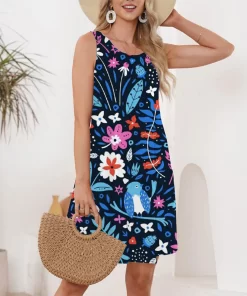 6i0BWomen s Summer Bohemian Beach Print Dress Sexy Elegant Sleeveless O Neck Loose Casual A Line
