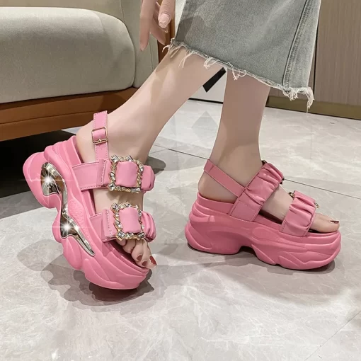 Bling Strap Chunky Sandals Women Summer 2023 Thick Bottom Wedges Beach Slippers Woman Fashion Pink High.jpg (1)