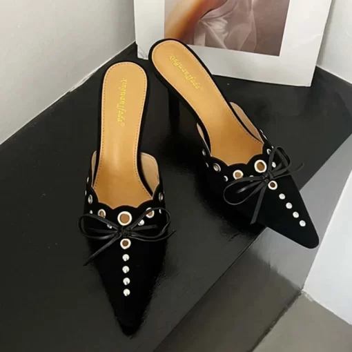 DFDz2024 Bowtie Mules Ladies High Heels Shoes Summer Fashion Metal Slip On Footwear Female Slides Pointed