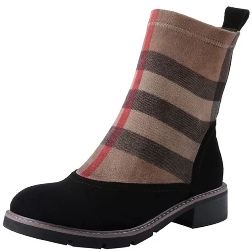 Drestrive Luxury Women Ankle Boots Kid Suede Low Heels 3 Cm Spring Patchwork Platform Striped Lattice.jpg 640x640.jpg