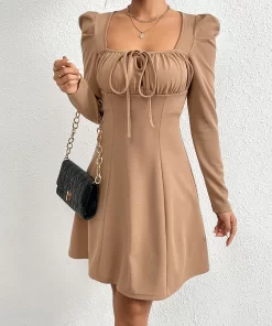 Elegant Short Womens Dresses Casual Square Collar Puff Sleeve Dress Autumn Winter Lace up A line.jpg