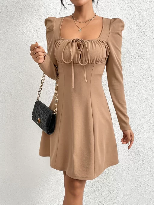 Elegant Short Womens Dresses Casual Square Collar Puff Sleeve Dress Autumn Winter Lace up A line.jpg