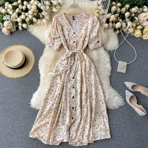 Er5KFrench Sweet Floral Dress Women V Neck Puff Sleeve Single Breasted Belt Dress Summer Bohemian Print