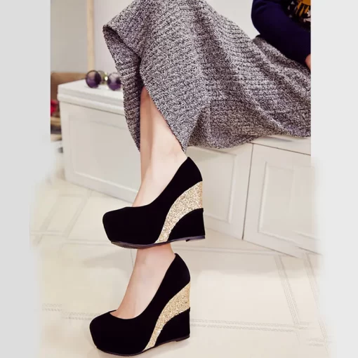 Euv5EAGSITY Suede sequined women wedges shoes platform round toe pumps slip on wedding party ladies dress
