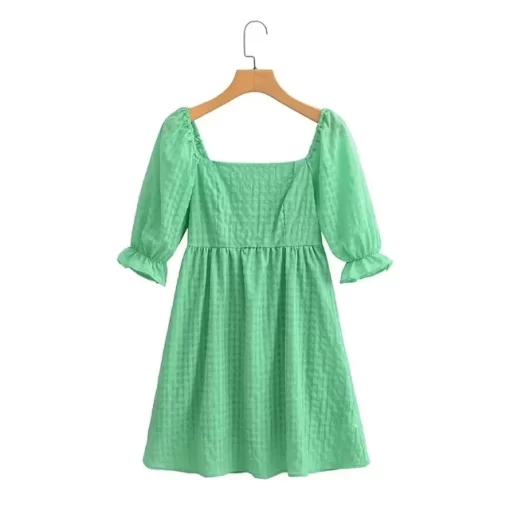 Foridol Gingham Print Square Collar Green Summer Short Dress A line Cute Puff Sleeve Fashion Pink.jpg 640x640.jpg (1)