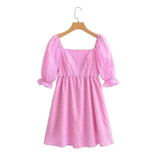 Foridol Gingham Print Square Collar Green Summer Short Dress A line Cute Puff Sleeve Fashion Pink.jpg 640x640.jpg