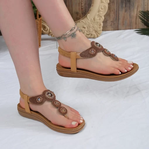 HUV1Summer Flat Toe Elastic Sequin Metal Sandals Women s Casual Fish Mouth Roman Style Women s