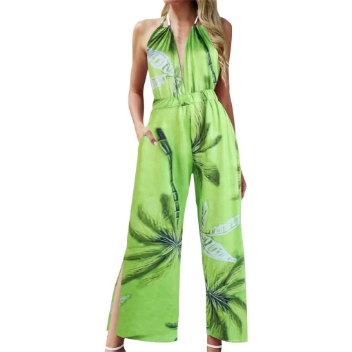 KSyHWomen S Lace Up Hanging Neck Jumpsuit Elegant Leaf Print Backless Jumpsuit Slit Straight Leg Pants