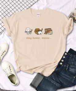 Kawaii Three Mini Cat Animal Stay Home Meow Print Women Tshirts Oversize Tops o Neck Tee.jpg 640x640.jpg (6)