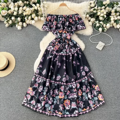 Korejepo French Court Style Dresses Floral One Shoulder Casual Dress Women Summer Straps Waistband Beautiful Long.jpg 640x640.jpg (2)