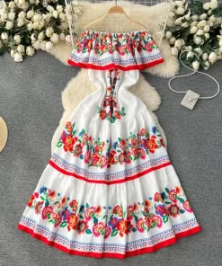 Korejepo French Court Style Dresses Floral One Shoulder Casual Dress Women Summer Straps Waistband Beautiful Long.jpg 640x640.jpg